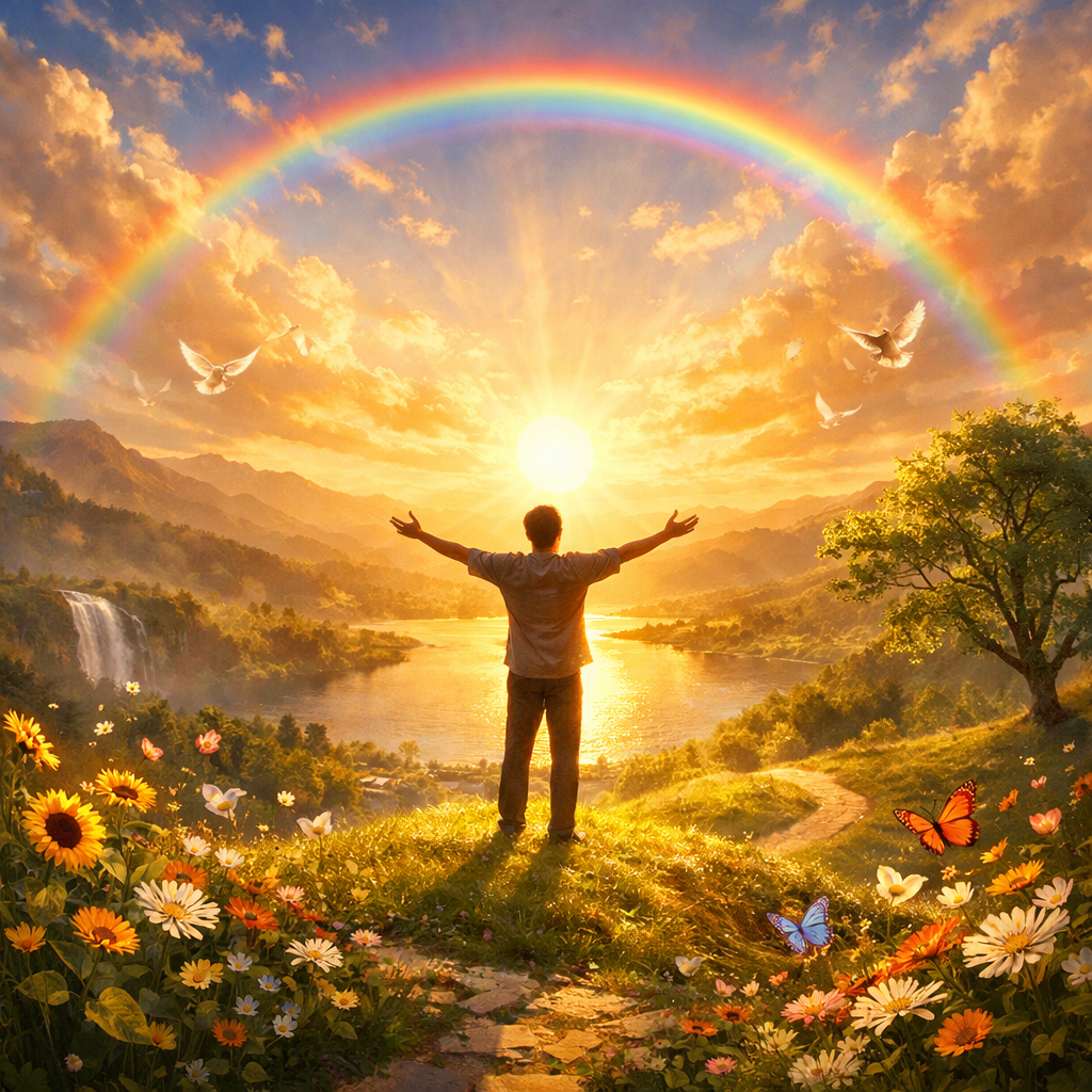 Person standing with arms outstretched facing sunrise over river with rainbow, flowers, butterflies, and birds