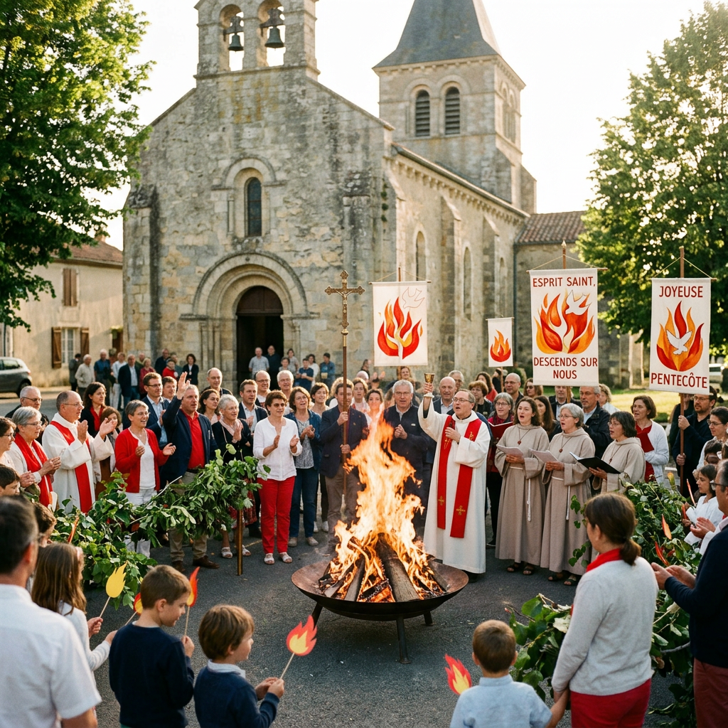 People gathered around a fire in front of a stone church holding banners with flames and doves, celebrating Pentecost