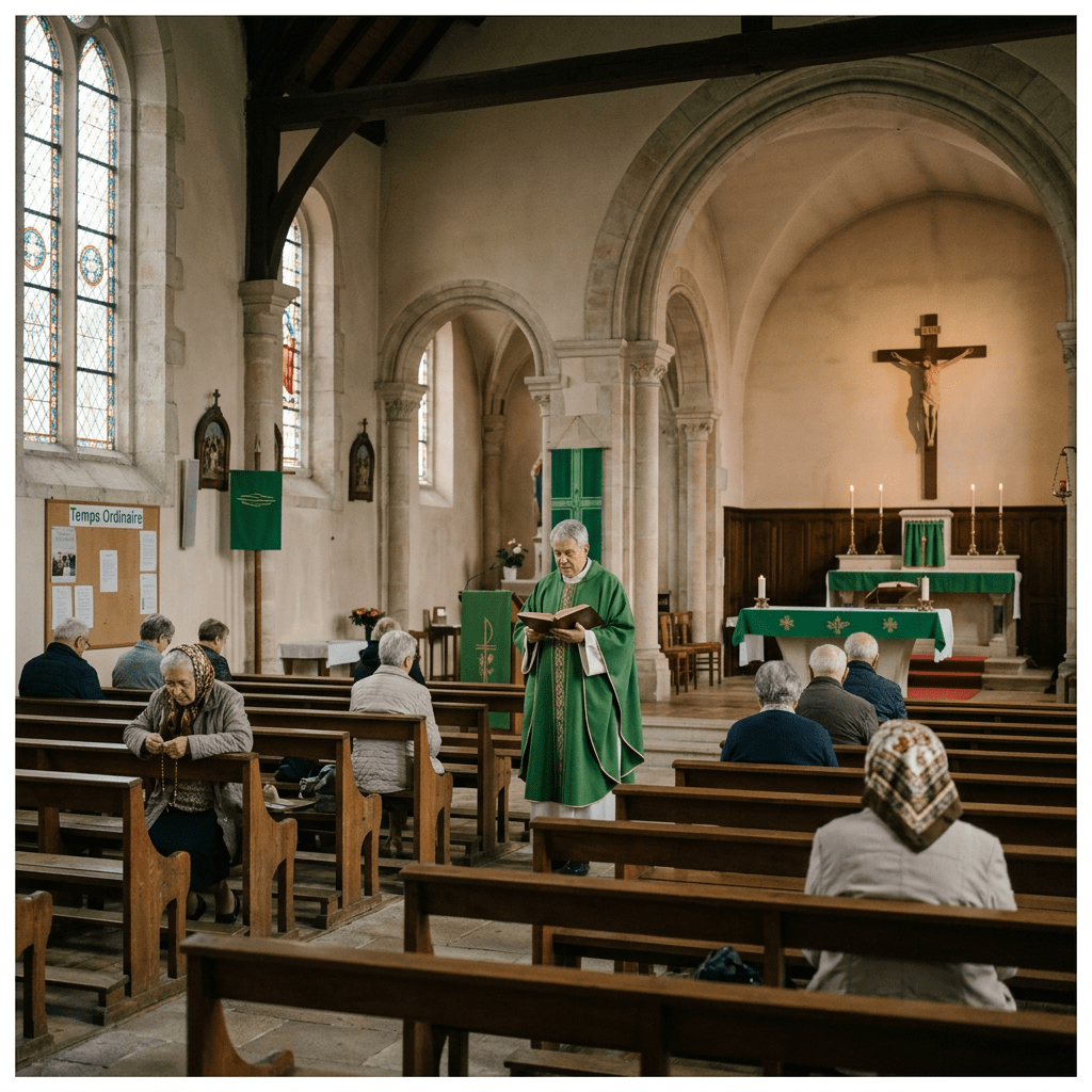 Priest reading from a book in church with worshippers seated on wooden pews