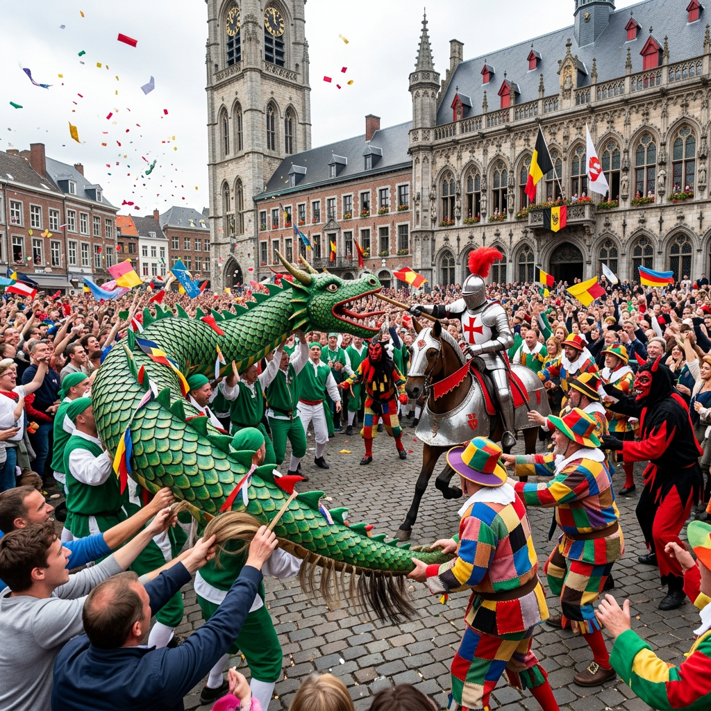 People dressed as a knight on a horse and performers holding a green dragon puppet in a crowded historic town square